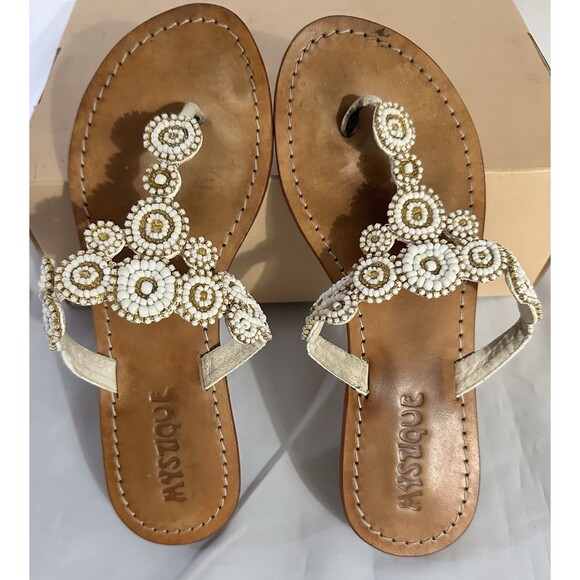 MYSTIQUE White Gold Beaded Pearl Boho Leather Thong Sandals Flip Flop Sz 8 - Picture 2 of 13